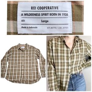 REI Co-Op Northwoods Button-up Shirt Tan Green Pink Sz Large Plaid 100% Cotton
